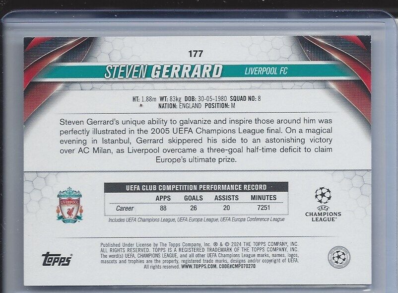 STEVEN GERRARD 2023-24 TOPPS CLUB COMPETITIONS UCL PHOTO VARIATION SP #177