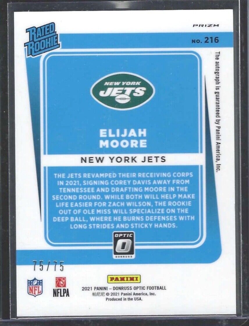 ELIJAH MOORE 2021 PANINI DONRUSS OPTIC RED PRIZM RATED ROOKIE AUTO RC #D 75/75