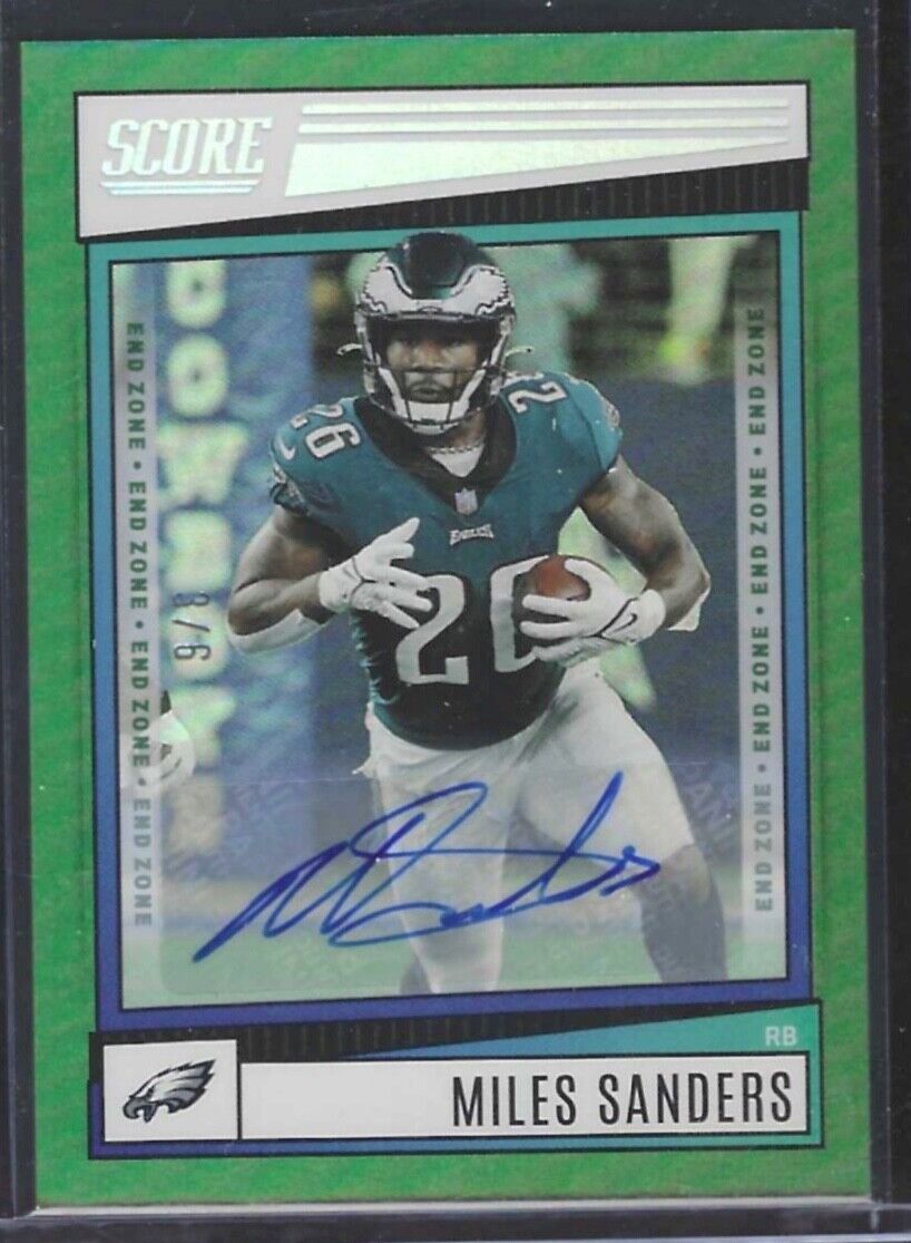 MILES SANDERS 2022 PANINI SCORE GREEN FOIL END ZONE AUTO #D 3/6