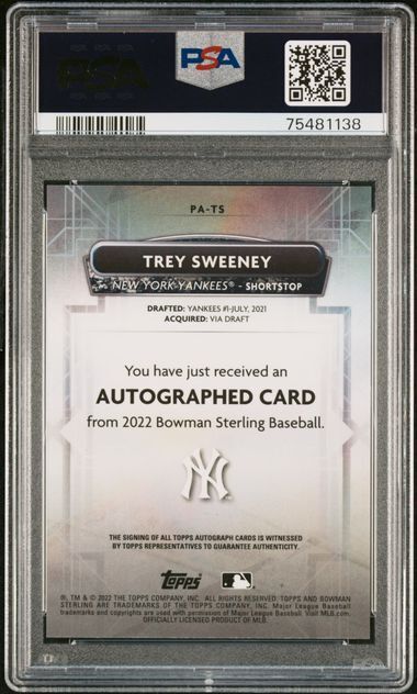 TREY SWEENEY 2022 BOWMAN STERLING PROSPECT ON CARD AUTO #PATS PSA 10 GEM MINT