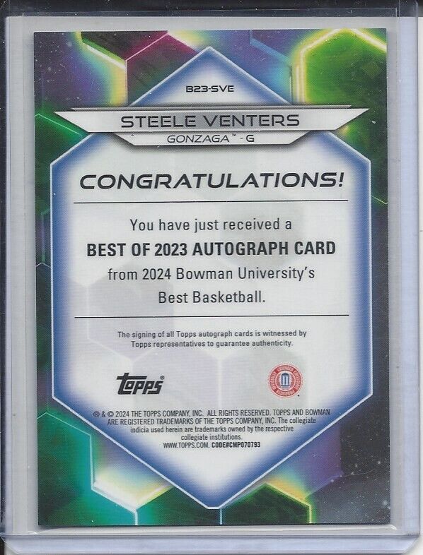 STEELE VENTERS 2023 BOWMANS BEST TEAL GEOMETRIC REFRACTOR GONZAGA AUTO #D 12/15