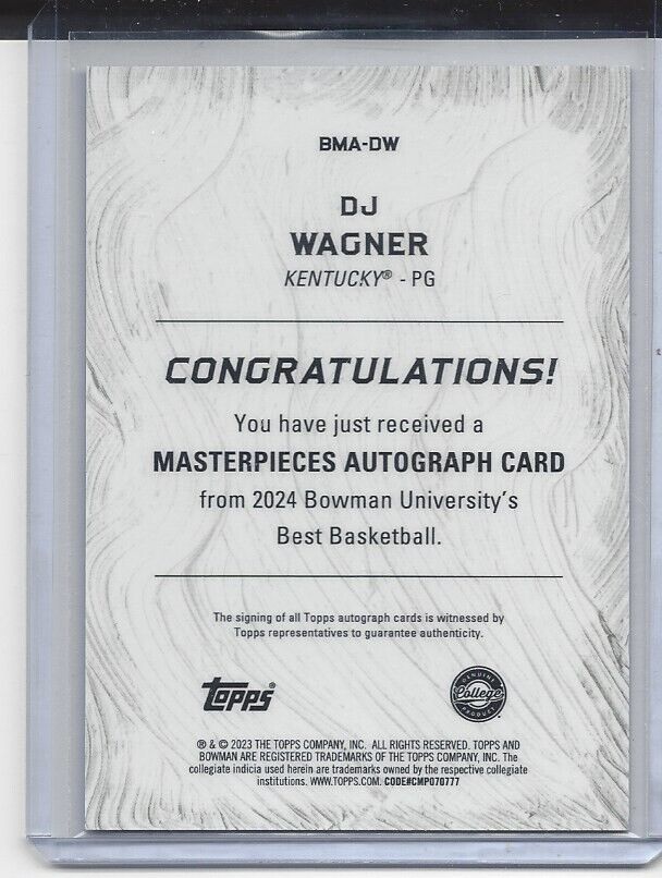 DJ WAGNER 2023 BOWMANS BEST UNIVERSITY MASTERPIECES REFRACTOR AUTO #D 51/75