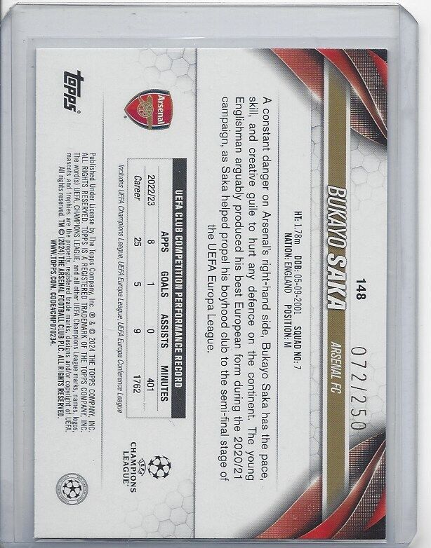 BUKAYO SAKA 2023-24 TOPPS CLUB COMPETITIONS BLUE FOIL #D 72/250