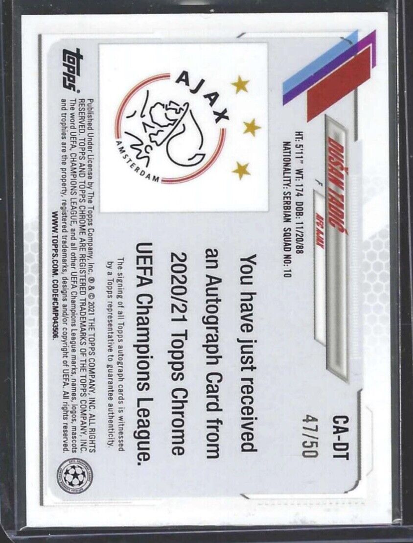 DUSAN TADIC 2020-21 TOPPS CHROME UEFA GOLD REFRACTOR AUTO #D 47/50