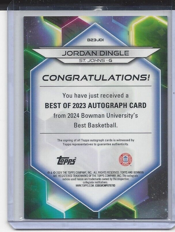 1/1 JORDAN DINGLE 2023 BOWMANS BEST UNIVERSITY REFRACTOR AUTO #D 3/125 JSY #3!