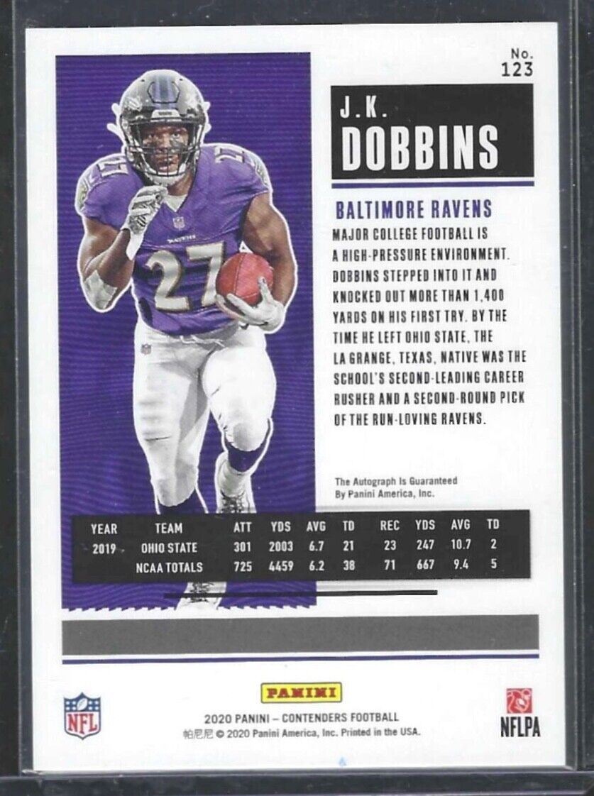 JK DOBBINS 2020 PANINI CONTENDERS PLAYOFF TICKET ROOKIE ON CARD AUTO RC #D 31/99