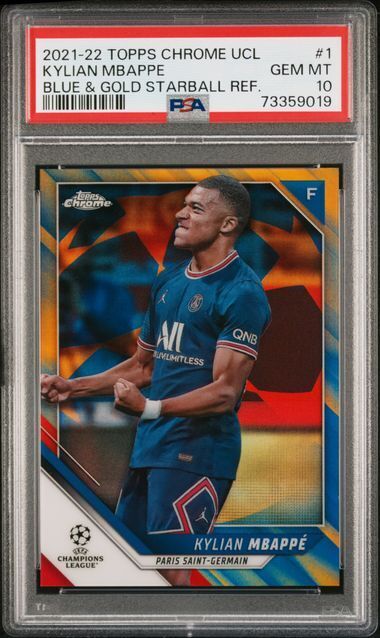 KYLIAN MBAPPE 2021-22 TOPPS CHROME UCL BLUE & GOLD STARBALL REFRACTOR /75 PSA 10