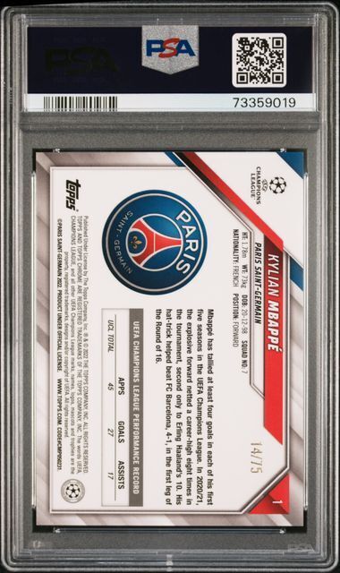 KYLIAN MBAPPE 2021-22 TOPPS CHROME UCL BLUE & GOLD STARBALL REFRACTOR /75 PSA 10
