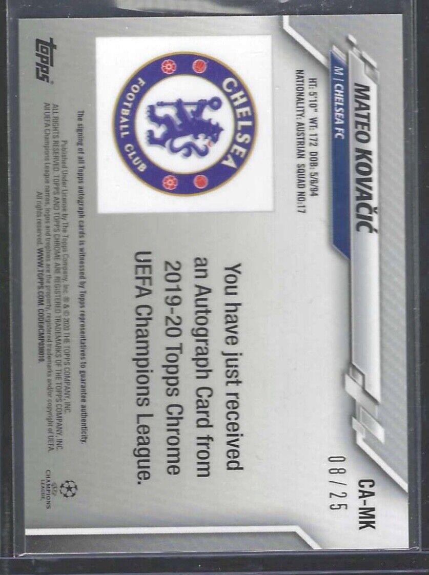 MATEO KOVACIC 2019-20 TOPPS CHROME UEFA ORANGE REFRACTOR AUTO #D 8/25 HIS JSY #8