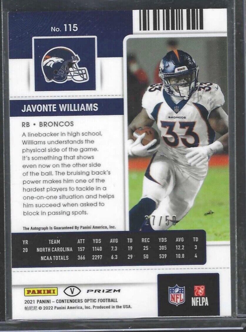 JAVONTE WILLIAMS 2021 PANINI OPTIC CONTENDERS RED PRIZM ON CARD AUTO RC #D 27/50