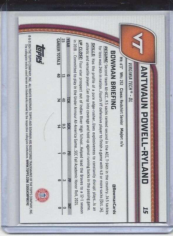 ANTWAUN POWELL-RYLAND 20224 BOWMAN CHROME UNIV 1ST PURPLE REFRACTOR /399
