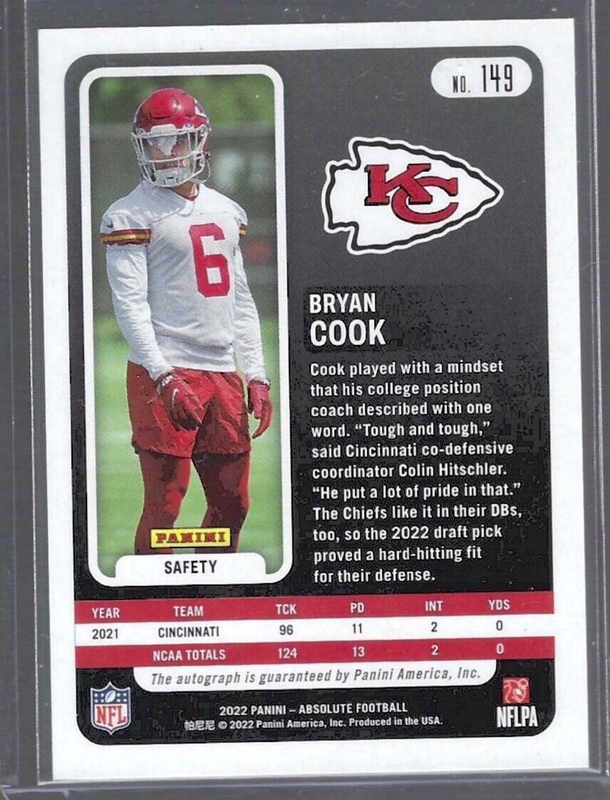 BRYAN COOK 2022 PANINI ABSOLUTE ROOKIE AUTO RC #149