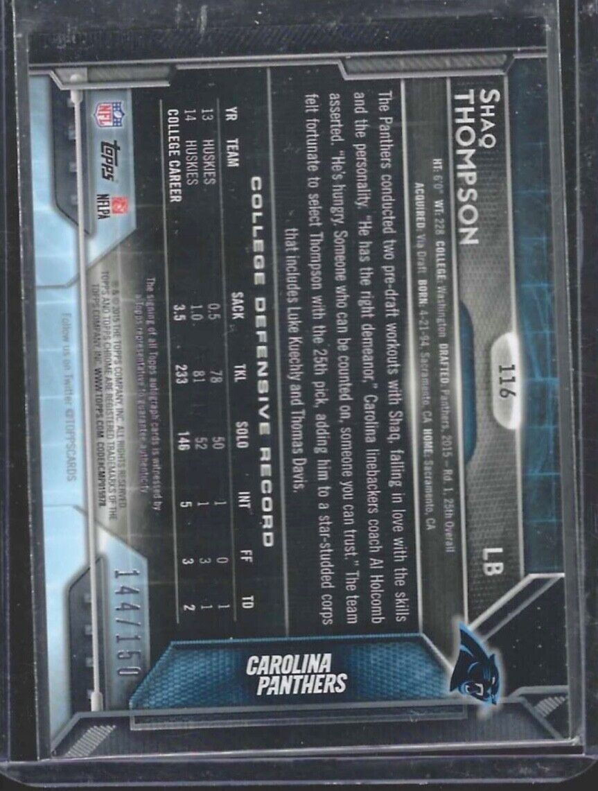SHAQ THOMPSON 2015 TOPPS CHROME SILVER REFRACTOR ROOKIE AUTO RC #D /150