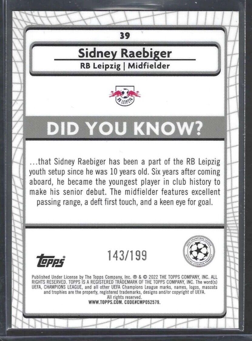 SIDNEY RAEBIGER 2021-22 TOPPS MERLIN AQUA SPECKLE REFRACTOR ROOKIE RC #D 143/199