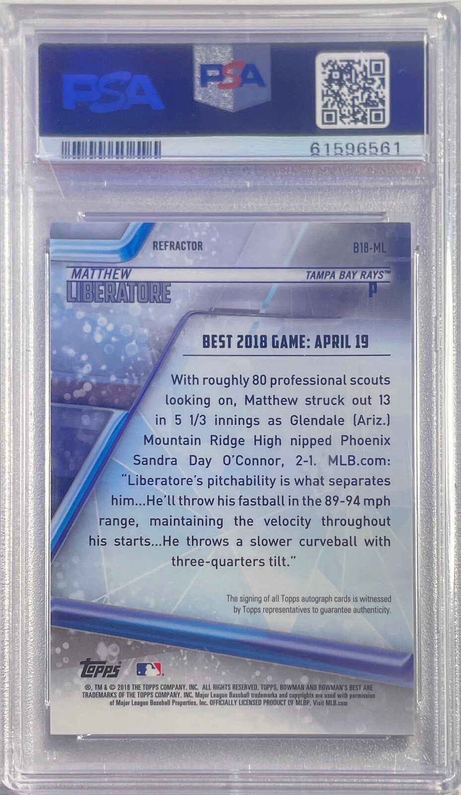 MATTHEW LIBERATORE 2018 BOWMAN'S BEST OF 2018 REFRACTOR AUTO #B18ML PSA 10 GEM