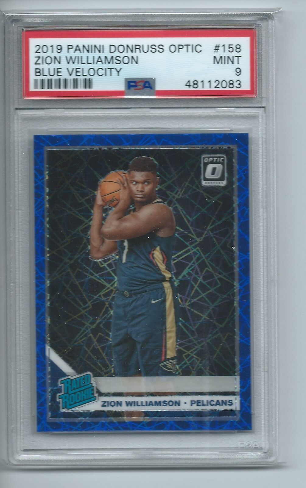 ZION WILLIAMSON 2019-20 DONRUSS OPTIC BLUE VELOCITY RATED ROOKIE PRIZM RC PSA 9