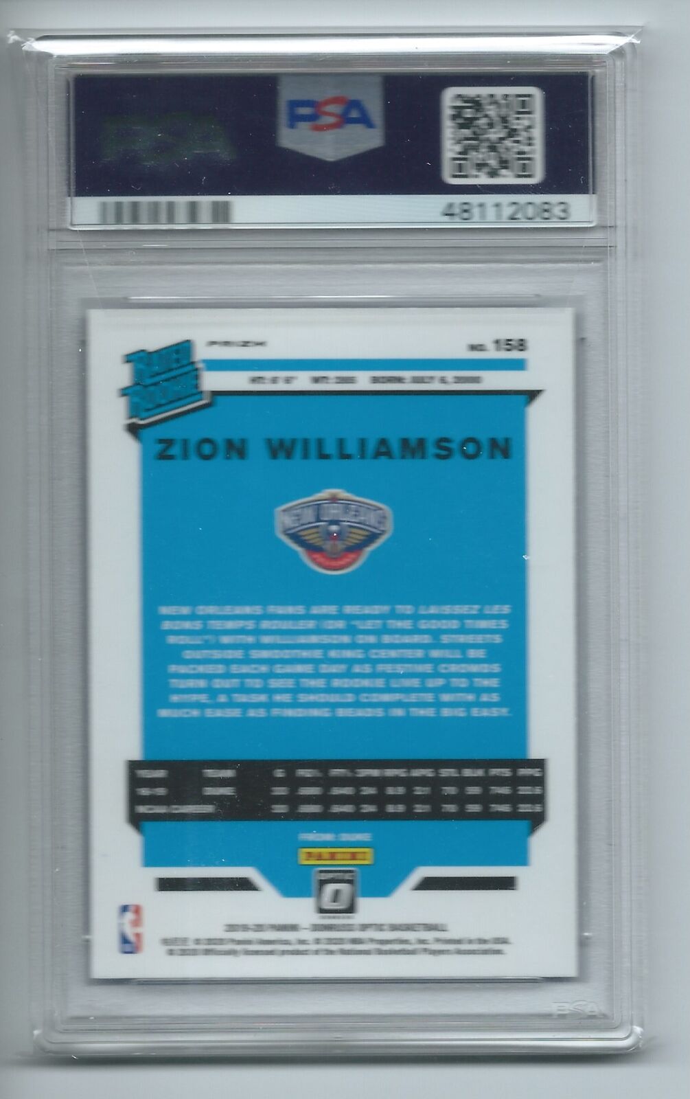 ZION WILLIAMSON 2019-20 DONRUSS OPTIC BLUE VELOCITY RATED ROOKIE PRIZM RC PSA 9