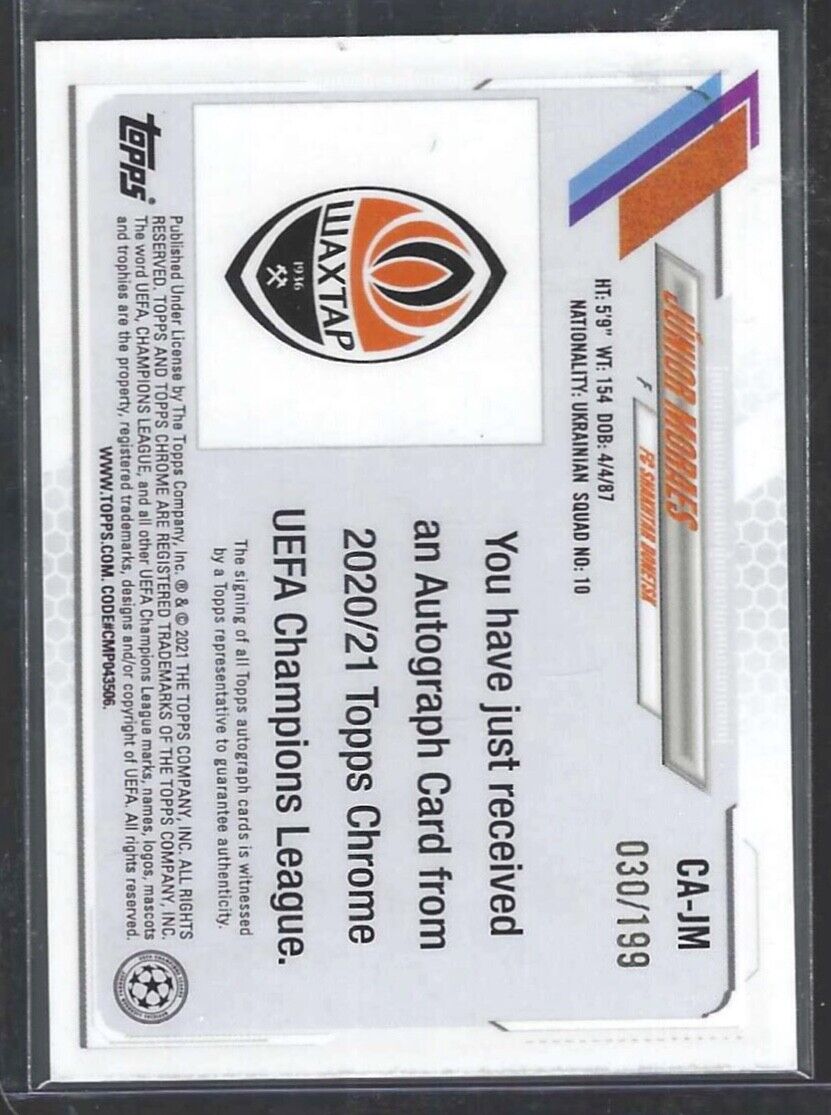 JUNIOR MORAES 2020-21 TOPPS CHROME UEFA AQUA REFRACTOR AUTO #D /199