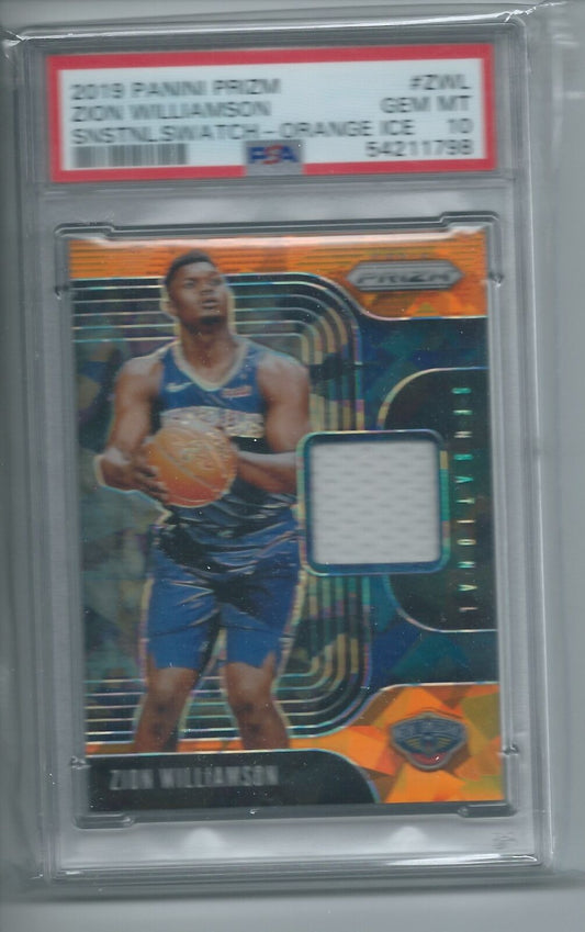 ZION WILLIAMSON 2019-20 PRIZM SENSATIONAL SWATCHES ORANGE ICE JERSEY RC PSA 10