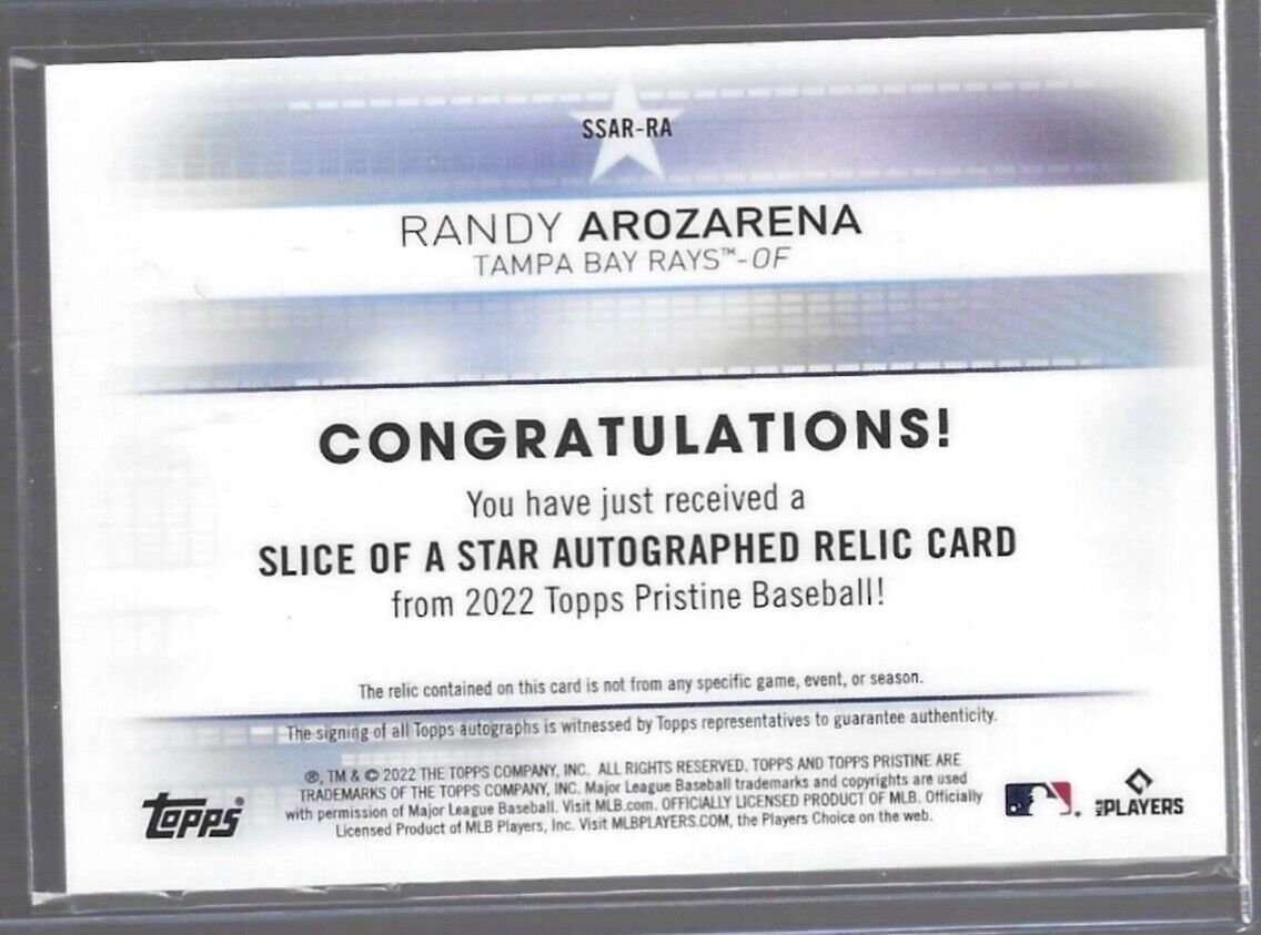 RANDY AROZARENA 2022 TOPPS PRISTINE SLICE OF A STAR JERSEY ON CARD AUTO #SSAR-RA