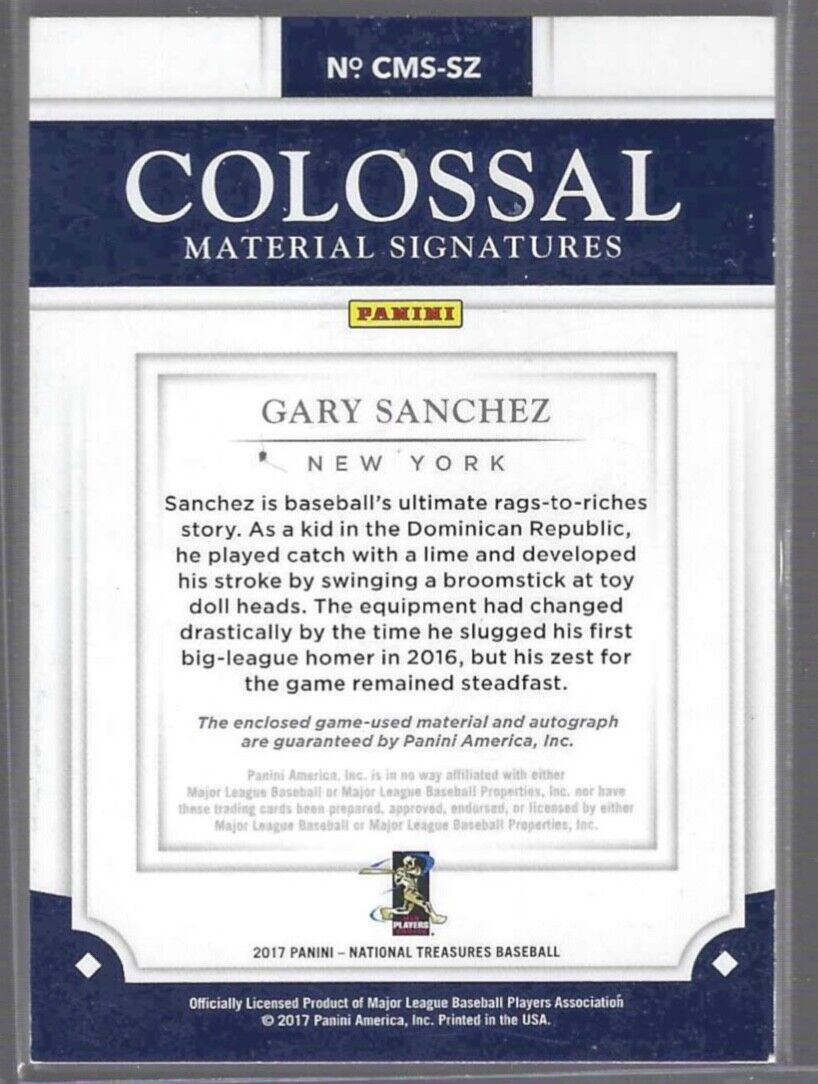 GARY SANCHEZ 2017 PANINI NATIONAL TREASURES COLOSSAL PATCH AUTO #D 10/10