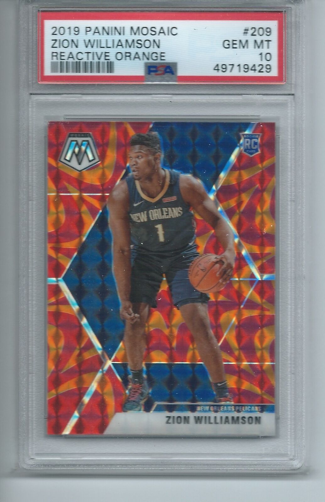 ZION WILLIAMSON 2019-20 PANINI MOAIC REACTIVE ORANGE PRIZM RC #209 PSA 10 GEM