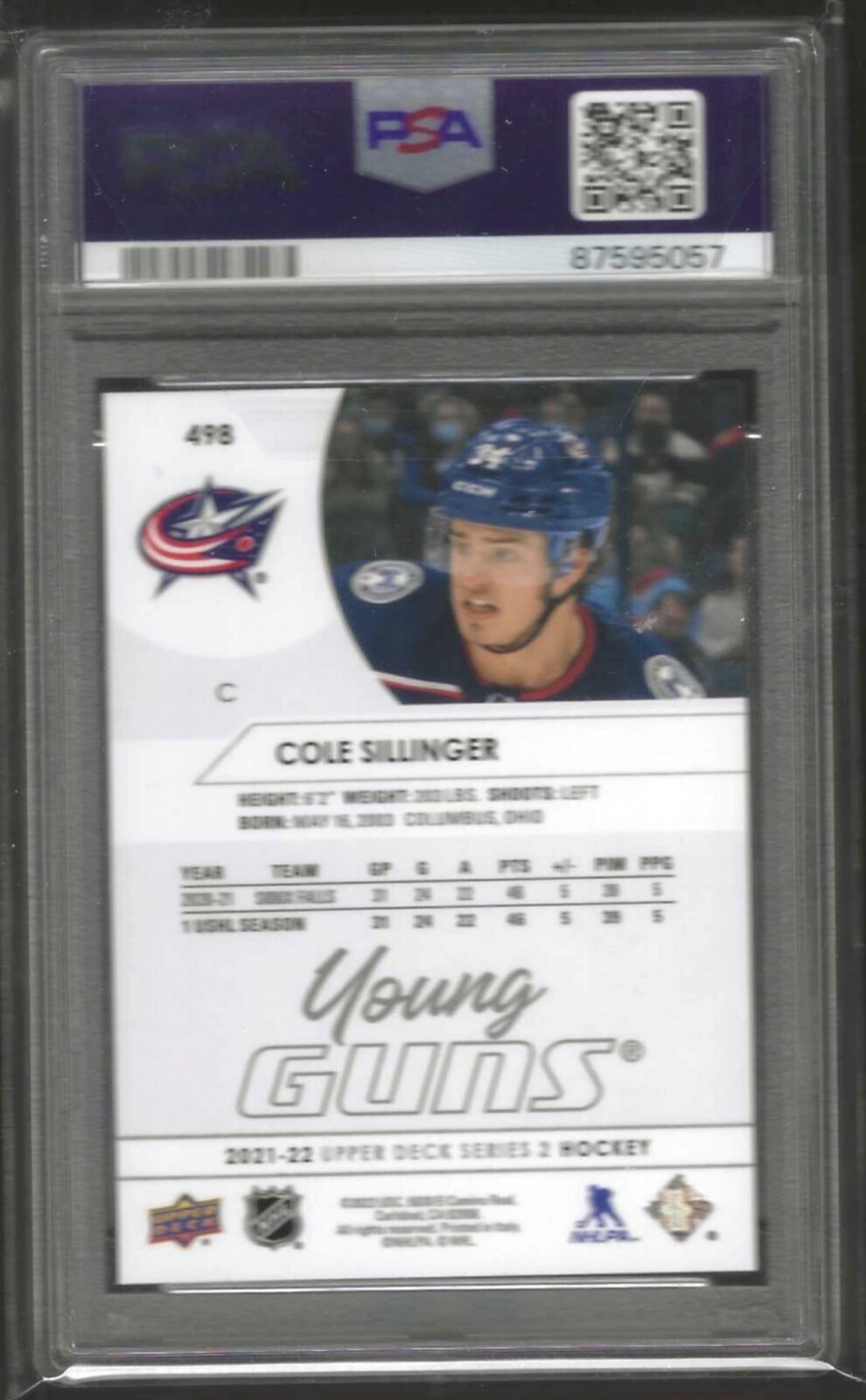 COLE SILLINGER 2021 UPPER DECK YOUNG GUNS ROOKIE RC PSA 10 GEM MINT #498