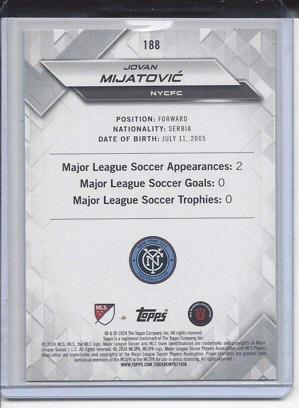JOVAN MIJATOVIC 2024 TOPPS MLS SUPERSTARS GREEN UNCOMMON RC #188