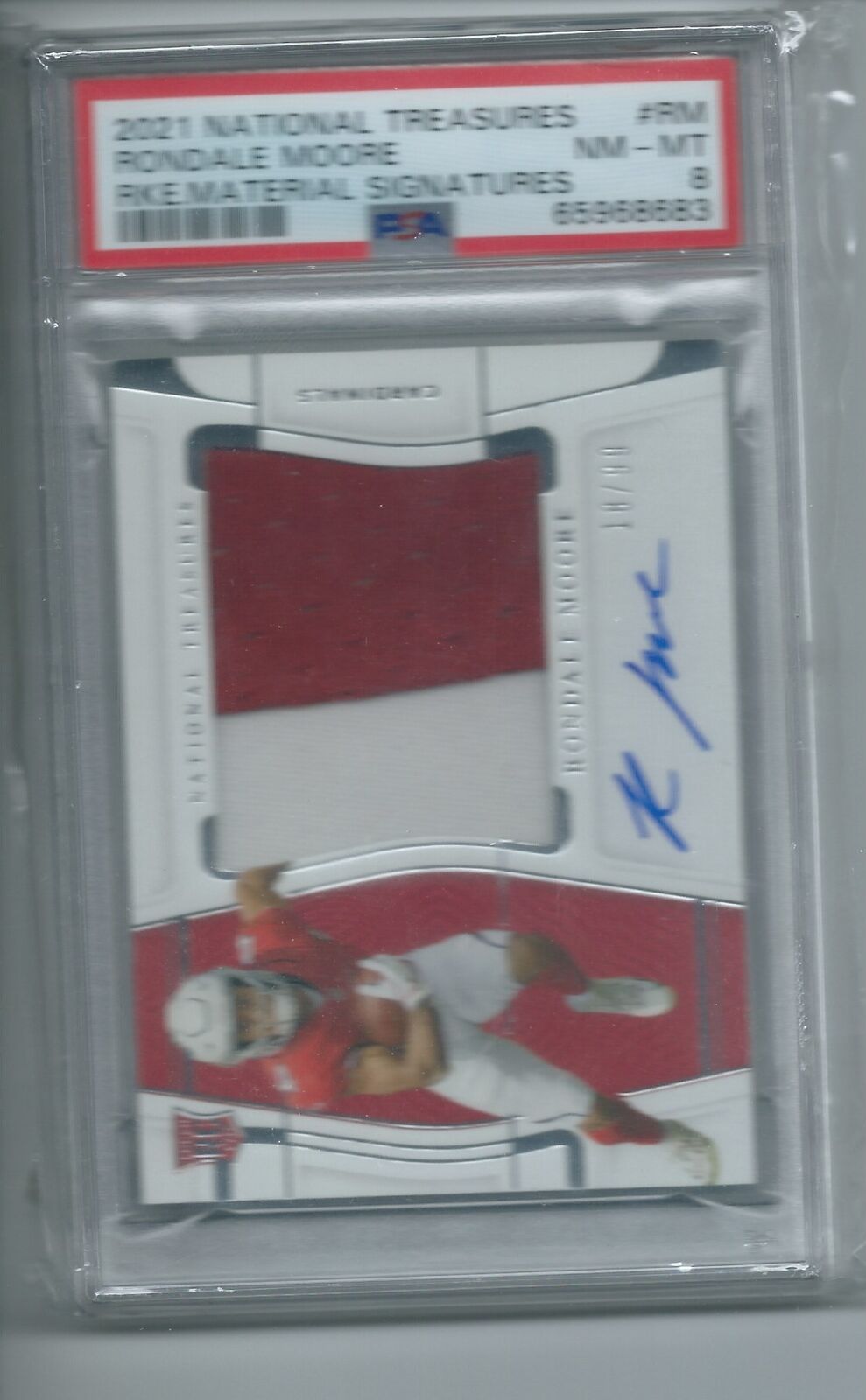 RONDALE MOORE 2021 NATIONAL TREASURES JUMBO PATCH AUTO RC #D 18/99 PSA 8 POP 2