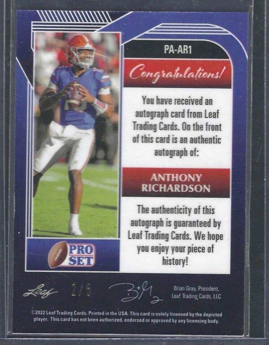 ANTHONY RICHARDSON 2022 LEAF PRO SET ZEBRA MOJO PRIZM ROOKIE AUTO RC #D 2/5
