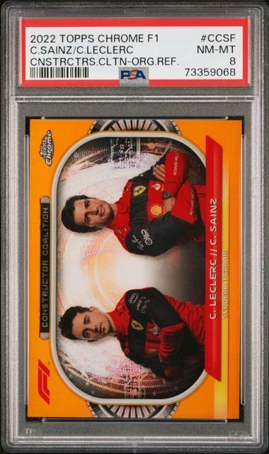 LECLERC SAINZ 2022 TOPPS CHROME F1 CONSTRUCTOR COALTN ORANGE REFRACTOR /25 PSA 8