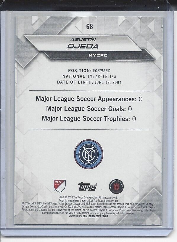 AGUSTIN OJEDA 2024 TOPPS MLS SUPERSTARS GREEN UNCOMMON RC #68