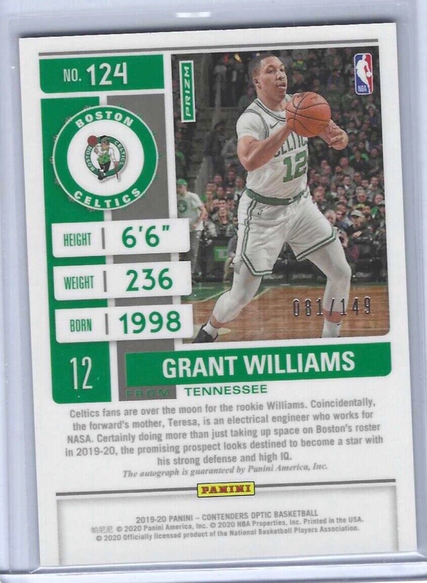 GRANT WILLIAMS 2019-20 PANINI OPTIC CONTENDERS RED HOLO ROOKIE AUTO RC #D 81/149