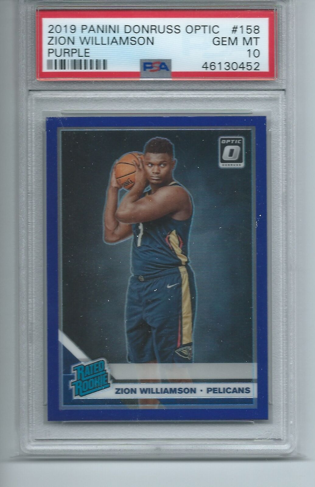 ZION WILLIAMSON 2019-20 PANINI DONRUSS OPTIC PURPLE PRIZM RATED ROOKIE RC PSA 10