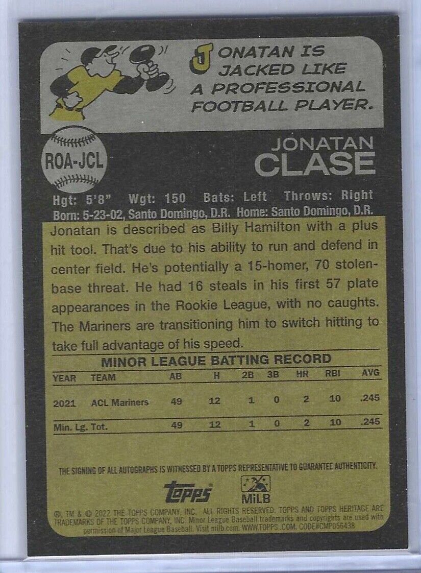 JONATAN CLASE 2022 TOPPS HERITAGE MINOR LEAGUE PROSPECT REAL ONE AUTO #ROA-JCL