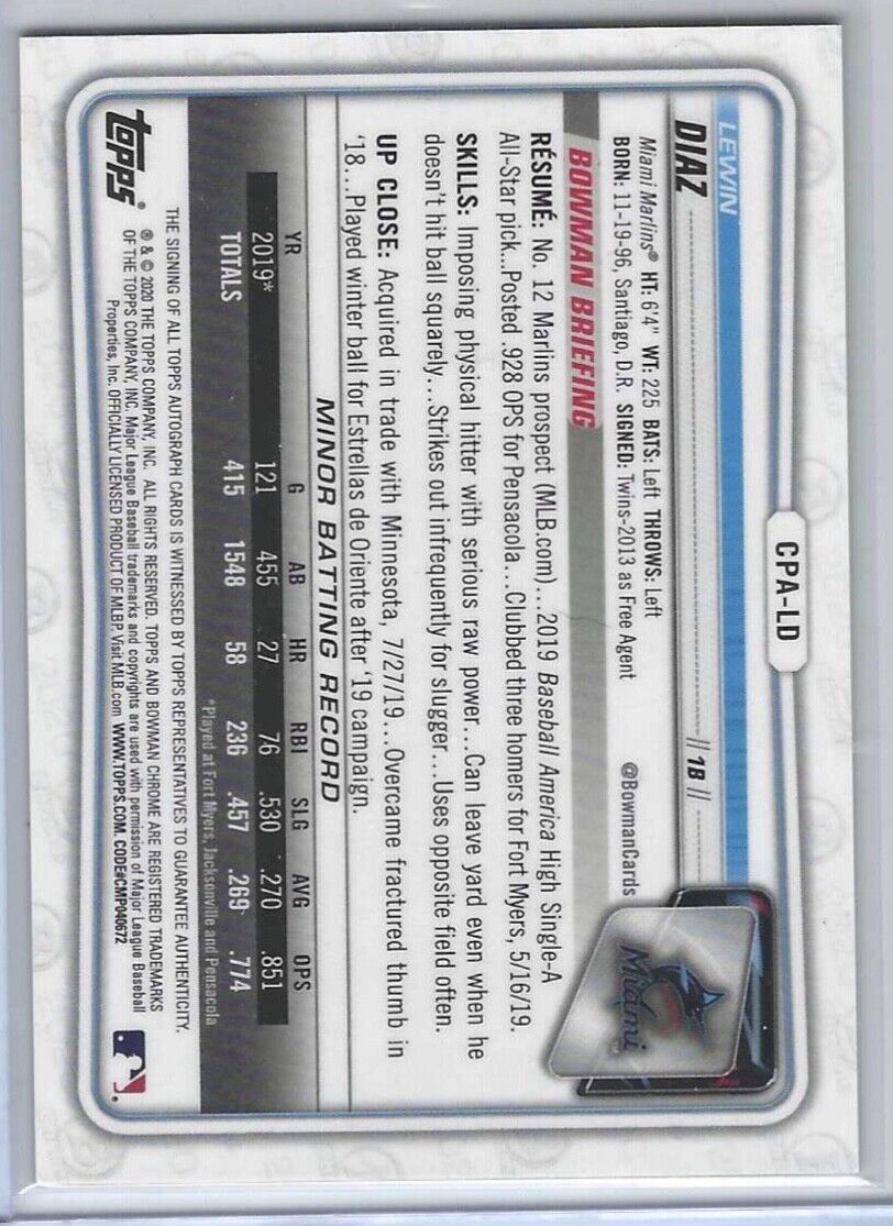 LEWIN DIAZ 2020 BOWMAN CHROME GREEN REFRACTOR 1ST PROSPECT AUTO #D 12/99