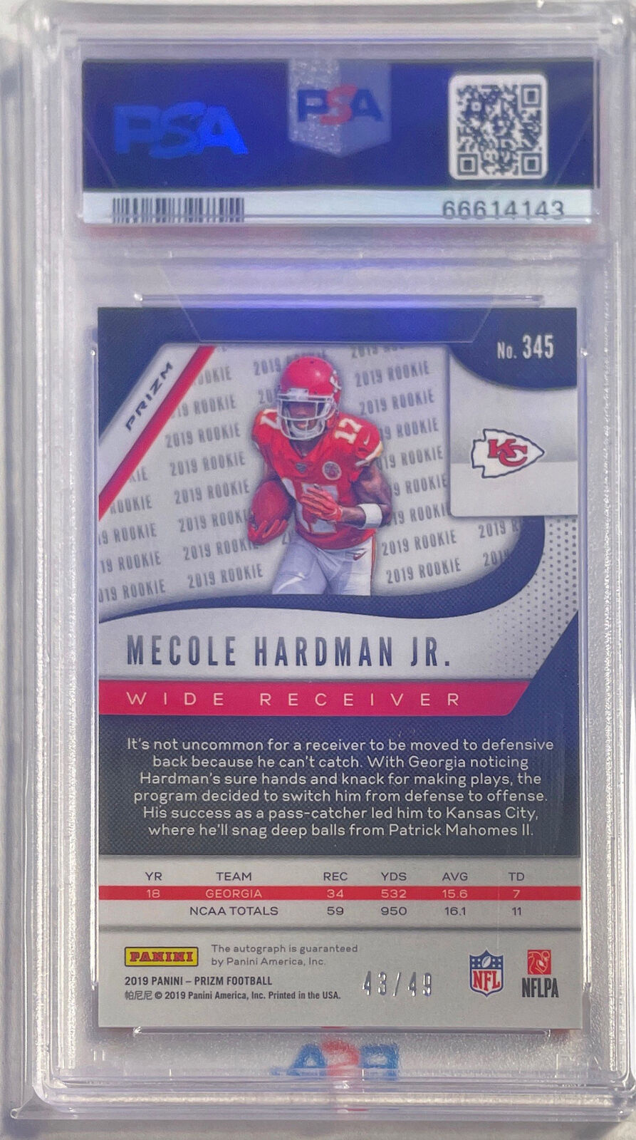 MECOLE HARDMAN JR. 2019 PRIZM PURPLE POWER AUTO PRIZM RC #D /49 PSA 10 GEM POP 4