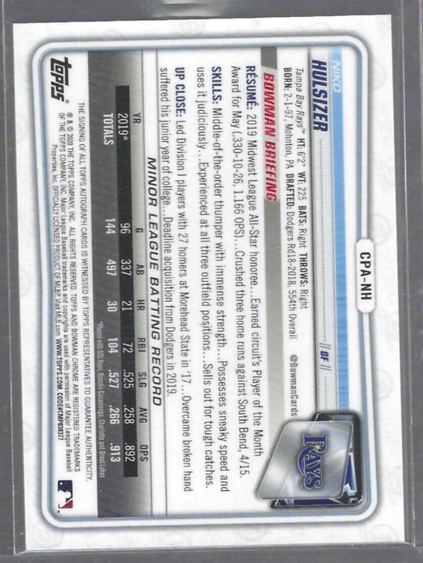 NIKO HULSIZER 2020 BOWMAN CHROME PURPLE REFRACTOR 1ST PROSPECT AUTO #D 003/250