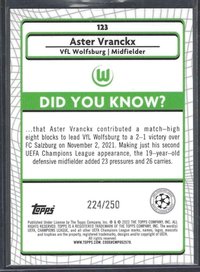 ASTER VRANCKX 2021-22 TOPPS MERLIN ATOMIC ICE REFRACTOR ROOKIE RC #D /250