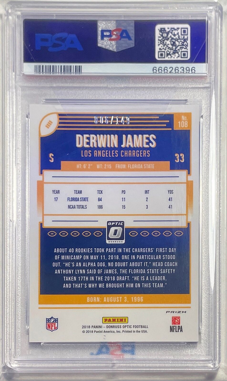 DERWIN JAMES 2018 DONRUSS OPTIC BLUE HOLO ROOKIE RC #D /149 PSA 10 GEM POP 5