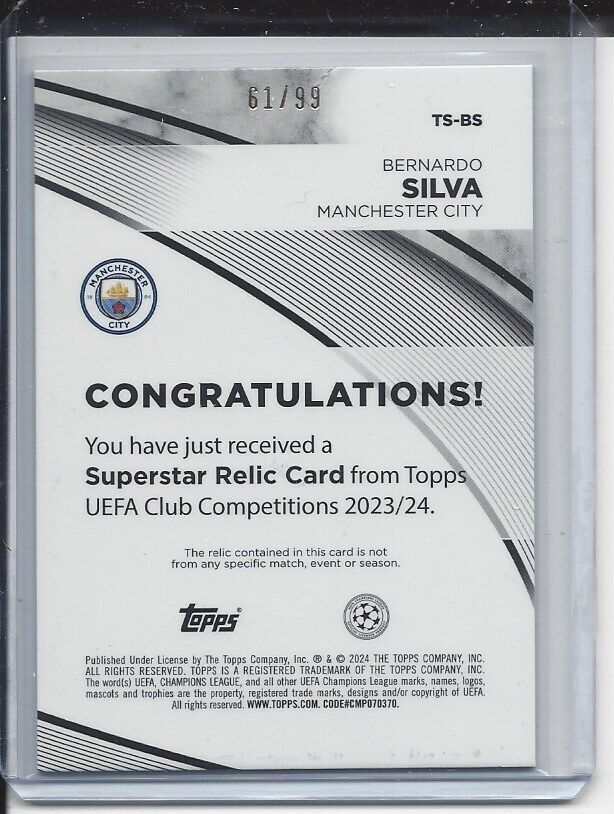 BERNARDO SILVA 2023-24 TOPPS CLUB COMPETITIONS BLUE MATCH WORN JERSEY #D 61/99