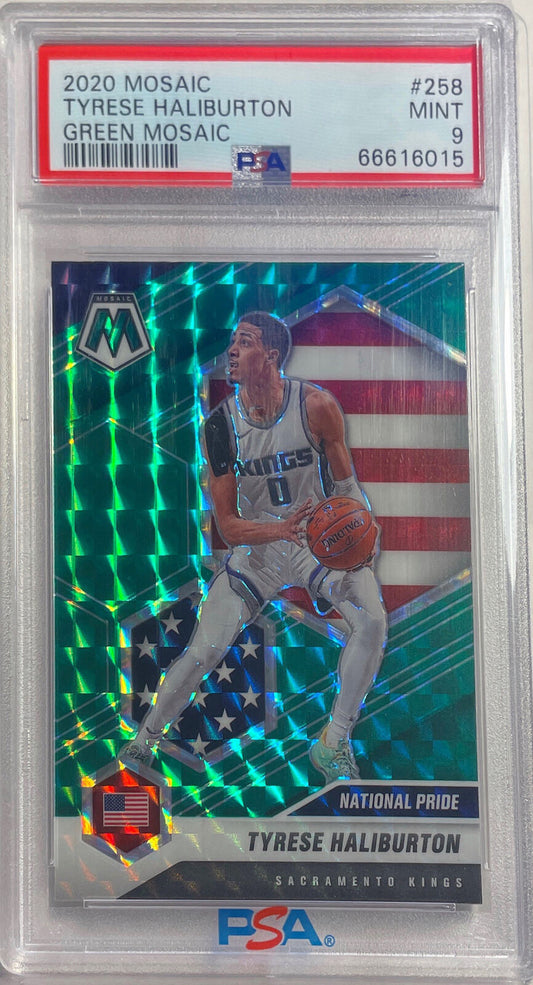 TYRESE HALIBURTON 2020-21 PANINI MOSAIC GREEN PRIZM RC #258 PSA 9 MINT POP 6