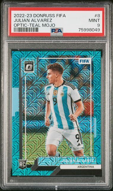 JULIAN ALVAREZ 2022-23 DONRUSS FIFA OPTIC TEAL MOJO PRIZM RC #D /49 PSA 9 POP 3