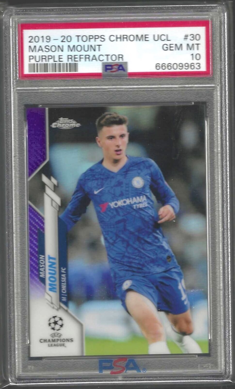 MASON MOUNT 2019-20 TOPPS CHROME UCL PURPLE REFRACTOR RC /250 PSA 10 GEM MINT