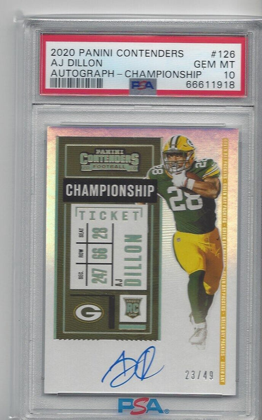 AJ DILLON 2020 CONTENDERS CHAMPIONSHIP TICKET ON CARD AUTO RC /49 PSA 10 POP 1/1