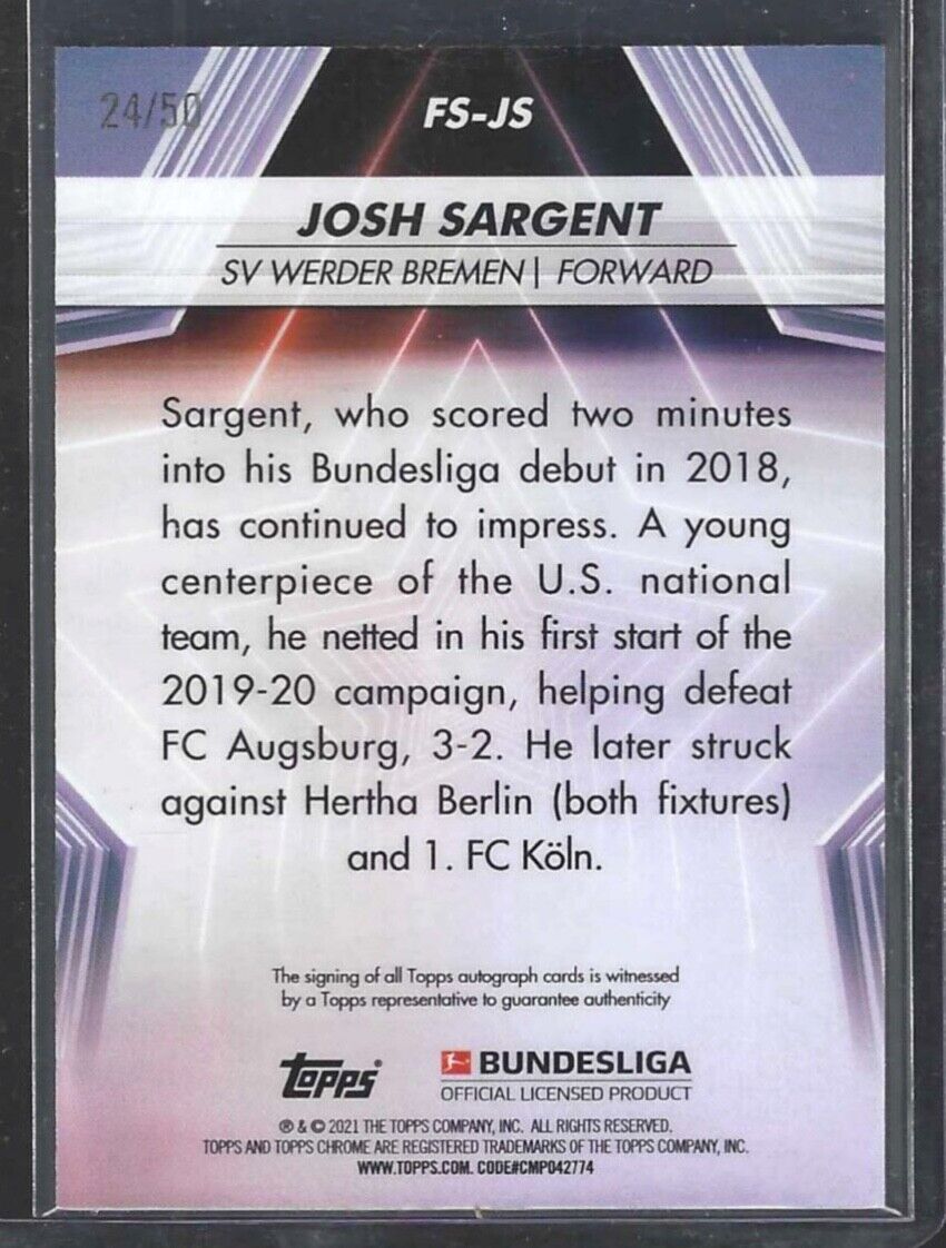 1/1 JOSH SARGENT 2020 TOPPS CHROME BUNDESLIGA FUTURE STARS AUTO #D 24/50 JSY #24