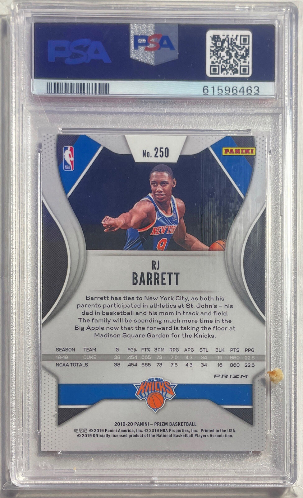 RJ BARRETT 2019-20 PANINI PRIZM RED RUBY WAVE PRIZM ROOKIE RC #250 PSA 9 MINT