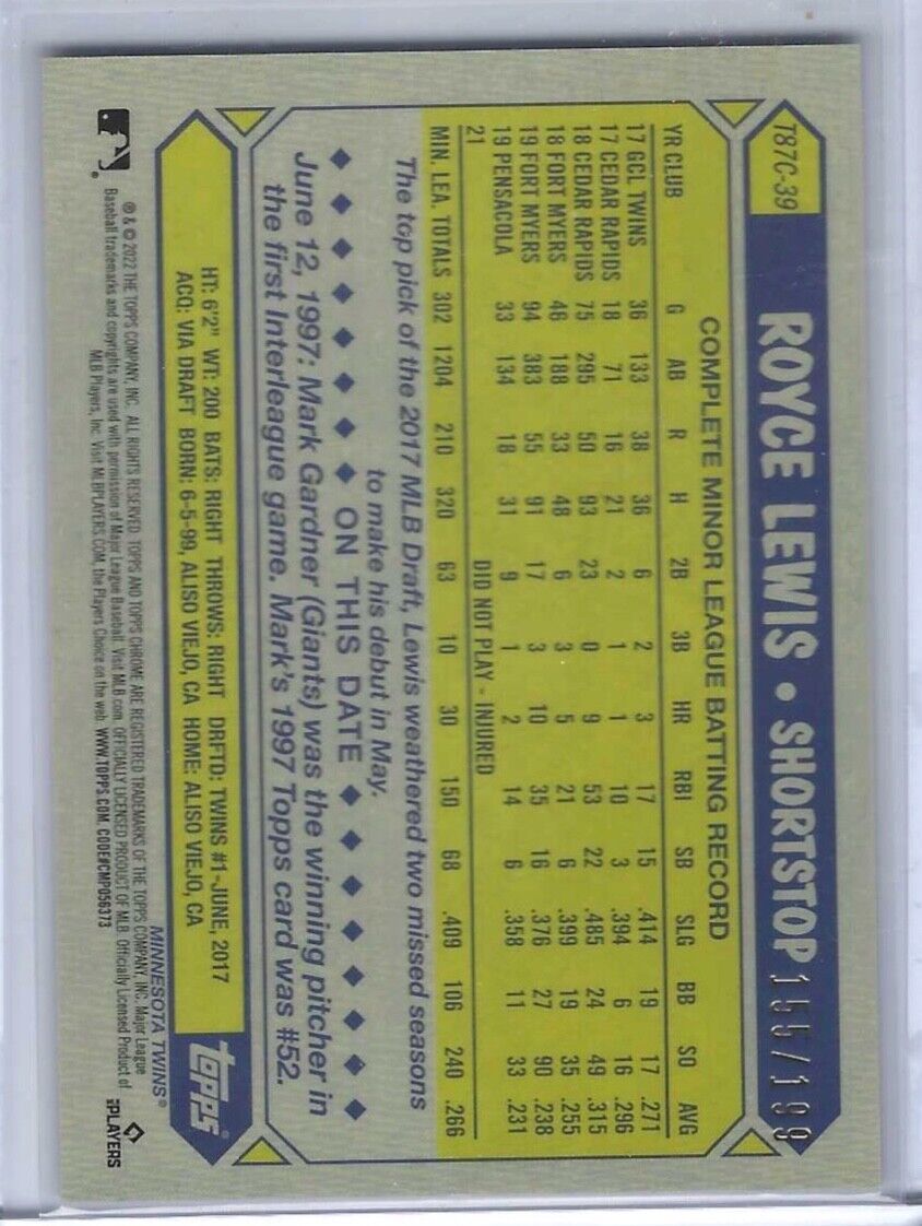 ROYCE LEWIS 2022 TOPPS CHROME GRAY SILVER PACK REFRACTOR ROOKIE RC #D 155/199