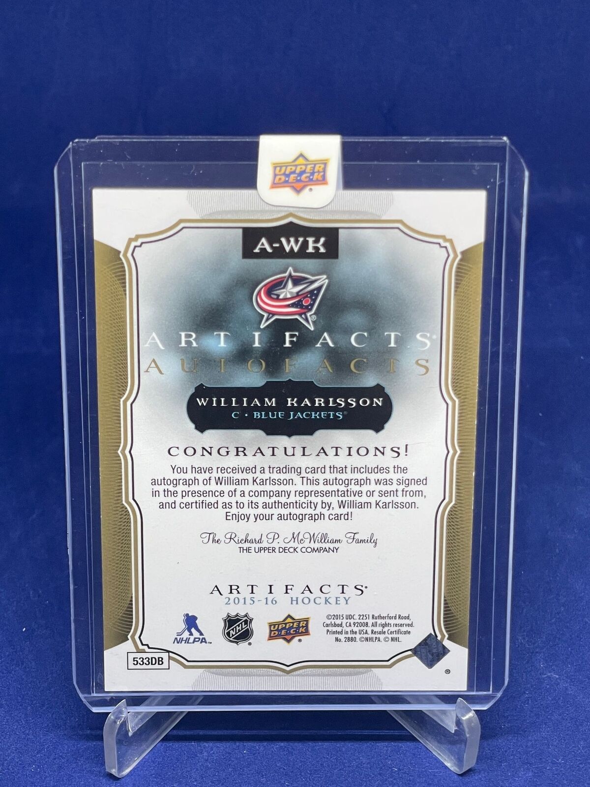 WILLIAM KARLSSON 2015-16 UD ARTIFACTS AUTOFACTS AUTO