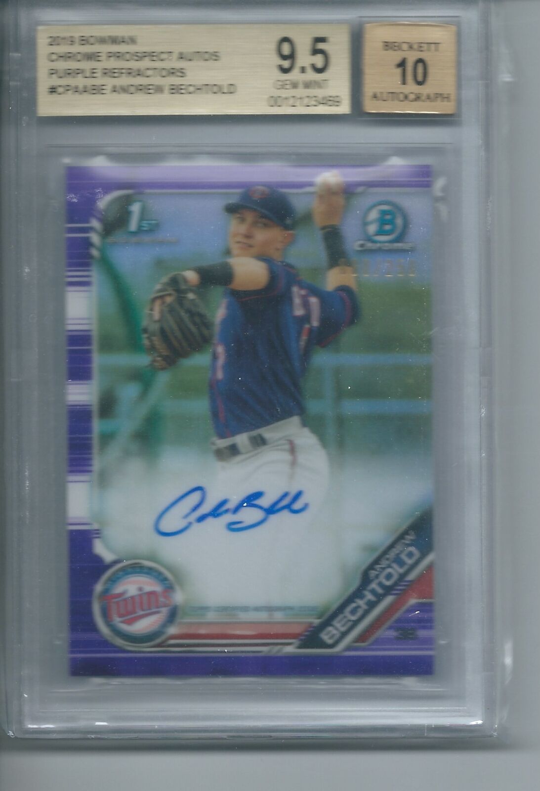 ANDREW BECHTOLD 2019 BOWMAN CHROME AUTO 1ST PURPLE REFRACTOR /250 BGS 9.5 10 AU